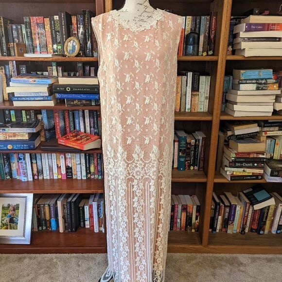 vintage 80s does 20s Jessica mclintock pink and ivory lace maxi dress sz m euc - Picture 4 of 9